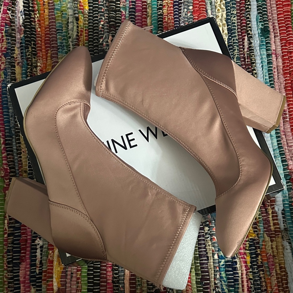 Women's Blush Satin Block Heel Ankle Boots Nine West NWT